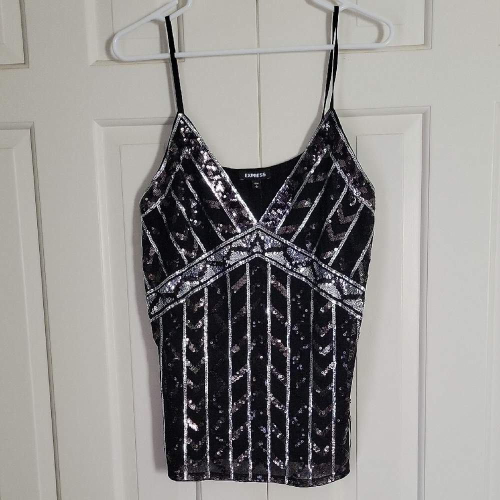 Vintage Y2k Express Sequin Cami Tank Top Sz L Glam Goth Whimsigoth Black Silver